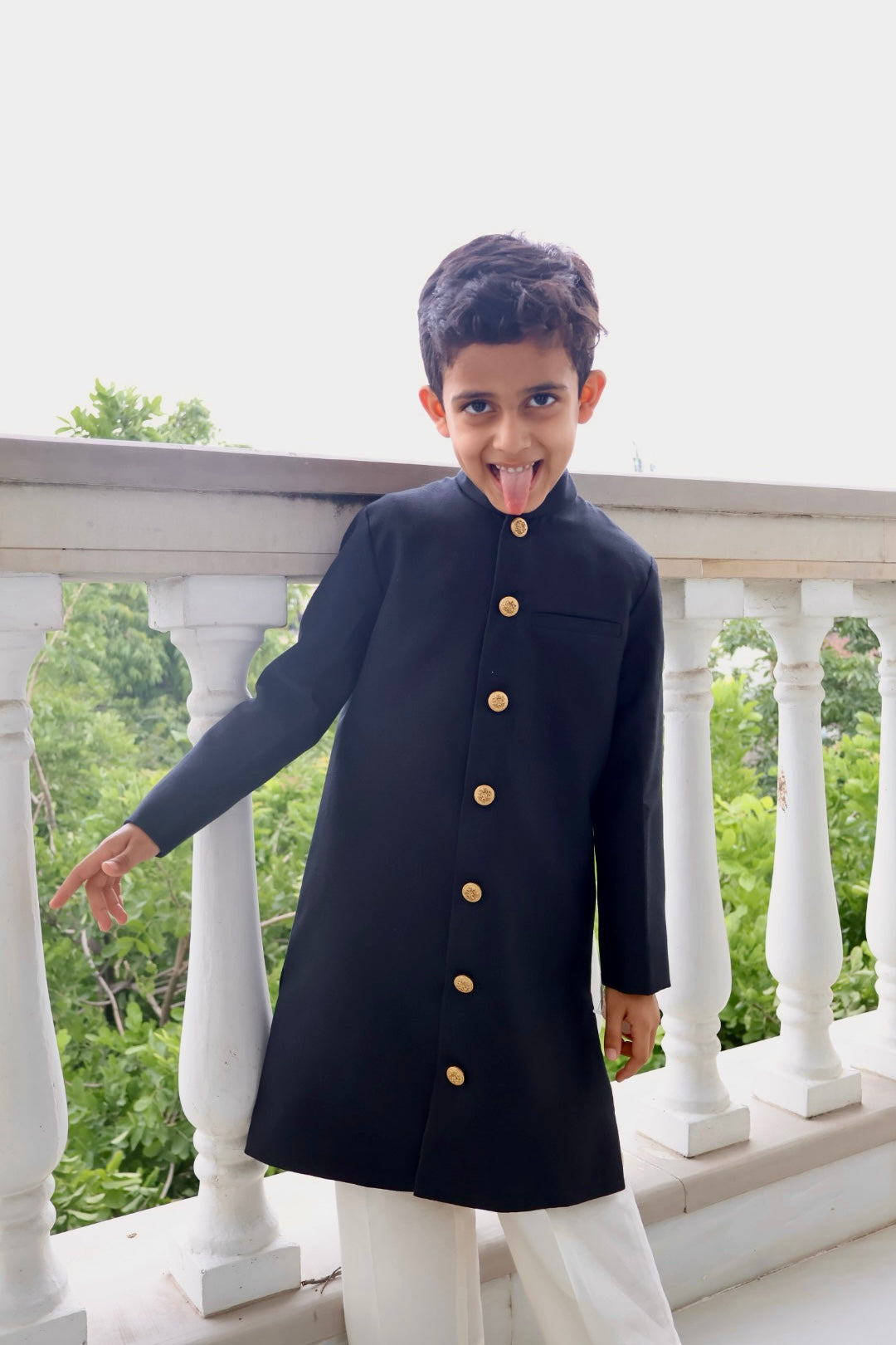 Classic Black Gold vintage Button Achkan Set for Boys