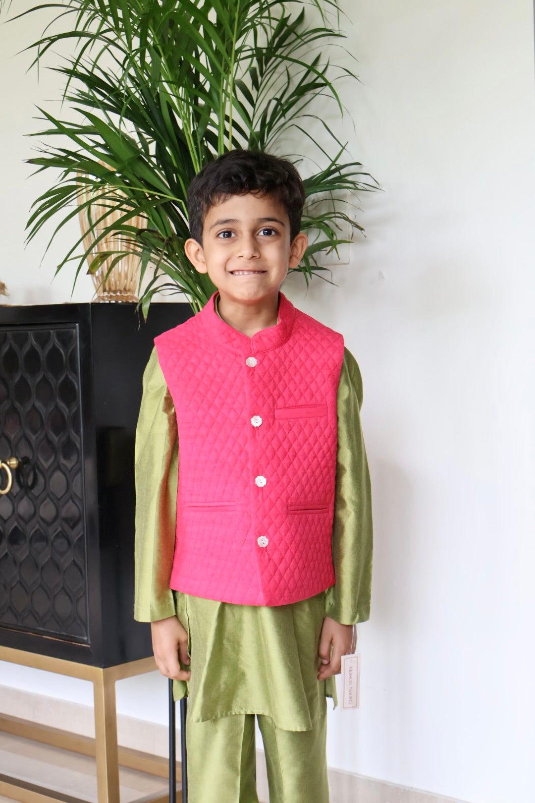 Green Kurta with Fuchsia Nehru Jacket Set