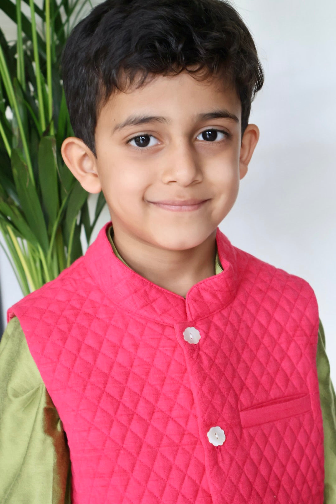 Green Kurta with Fuchsia Nehru Jacket Set