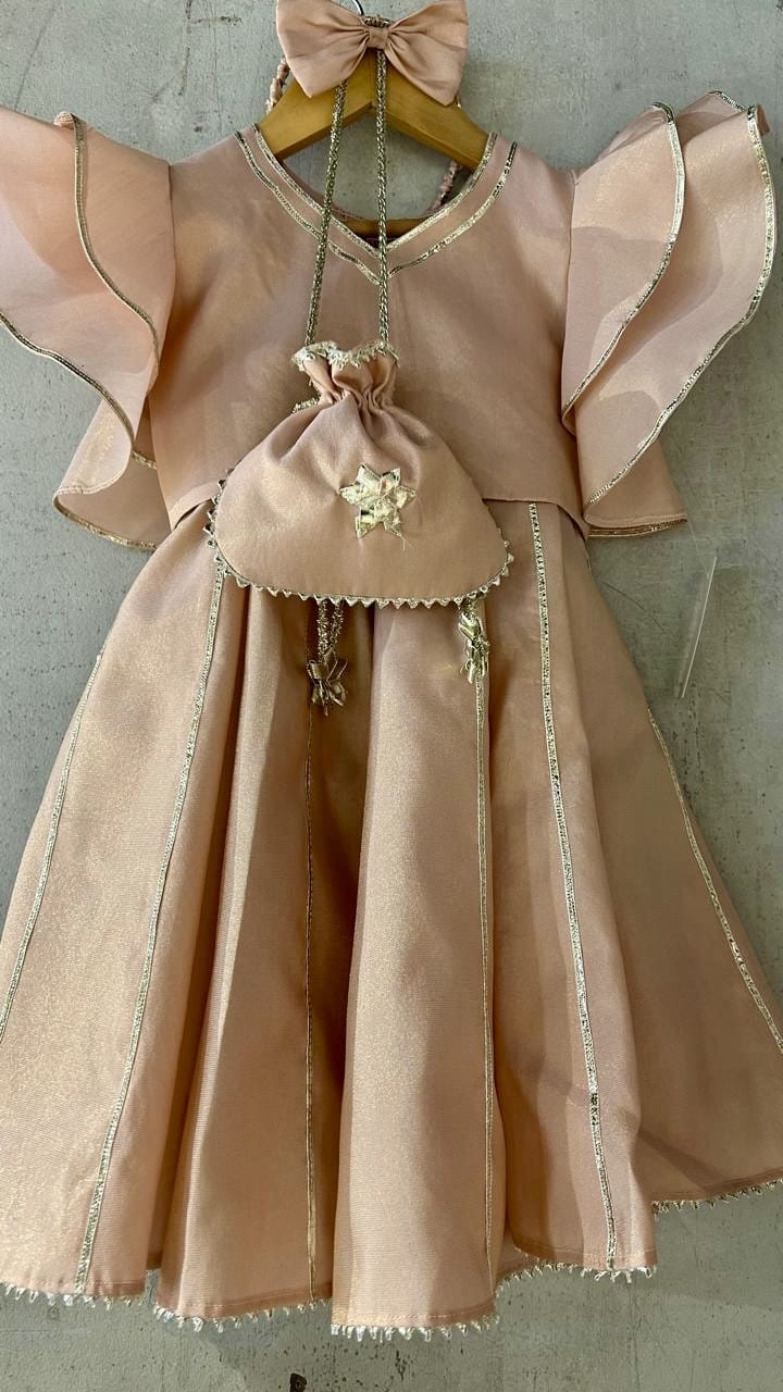 Peach Gota Detail lehnga with frill sleeves crop top