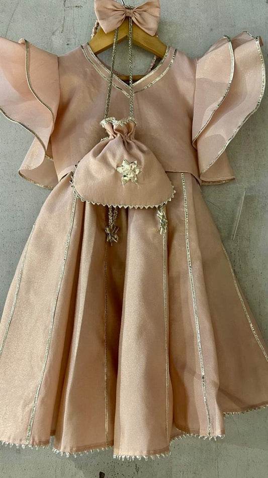 Peach Gota Detail lehnga with frill sleeves crop top