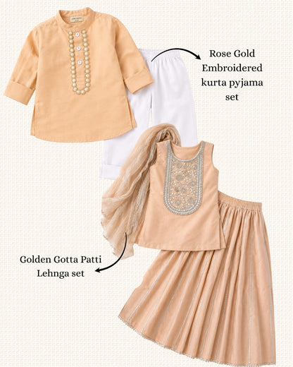 Rose gold Embroidered kurta pyjama set (sibling set)