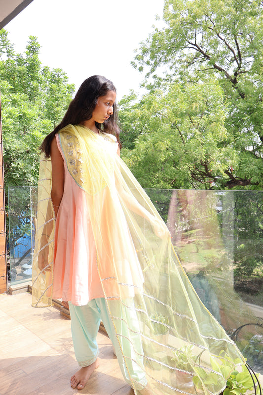 Pastel Ombre Kurta Set with Yellow Dupatta