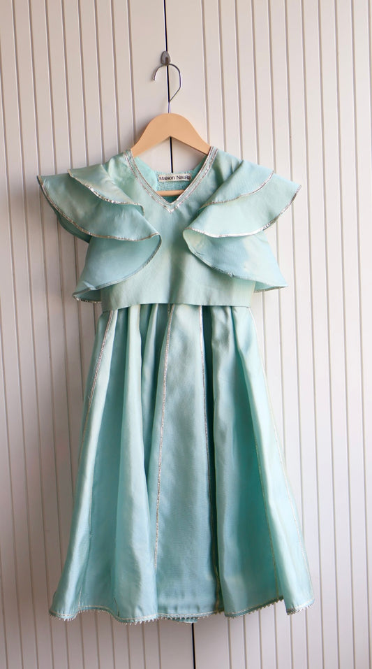 Mint Gota Detail lehnga with frill sleeves crop top
