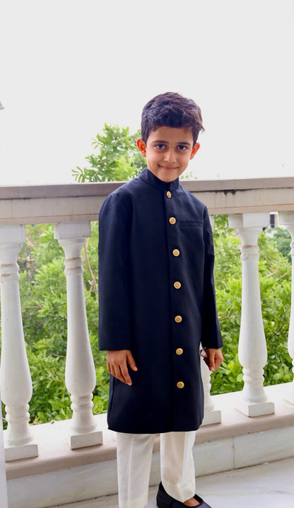 Classic Black Gold vintage Button Achkan Set for Boys