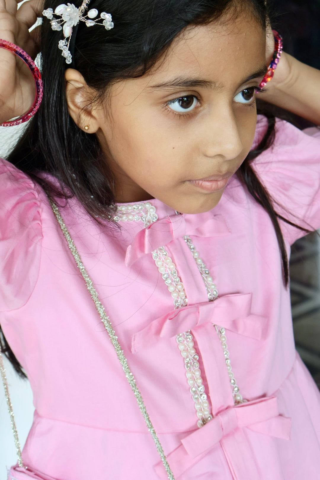Pink sharara with matching hair band and purse