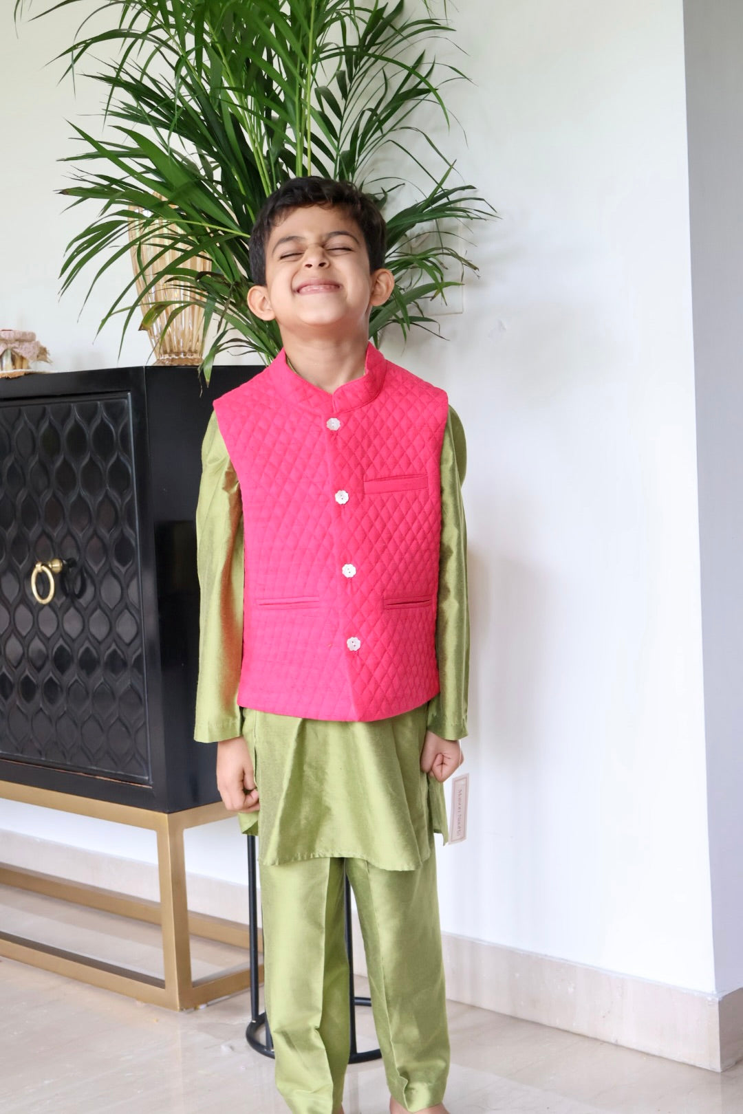 Green Kurta with Fuchsia Nehru Jacket Set