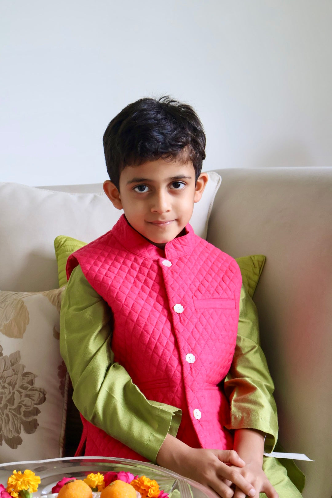 Green Kurta with Fuchsia Nehru Jacket Set