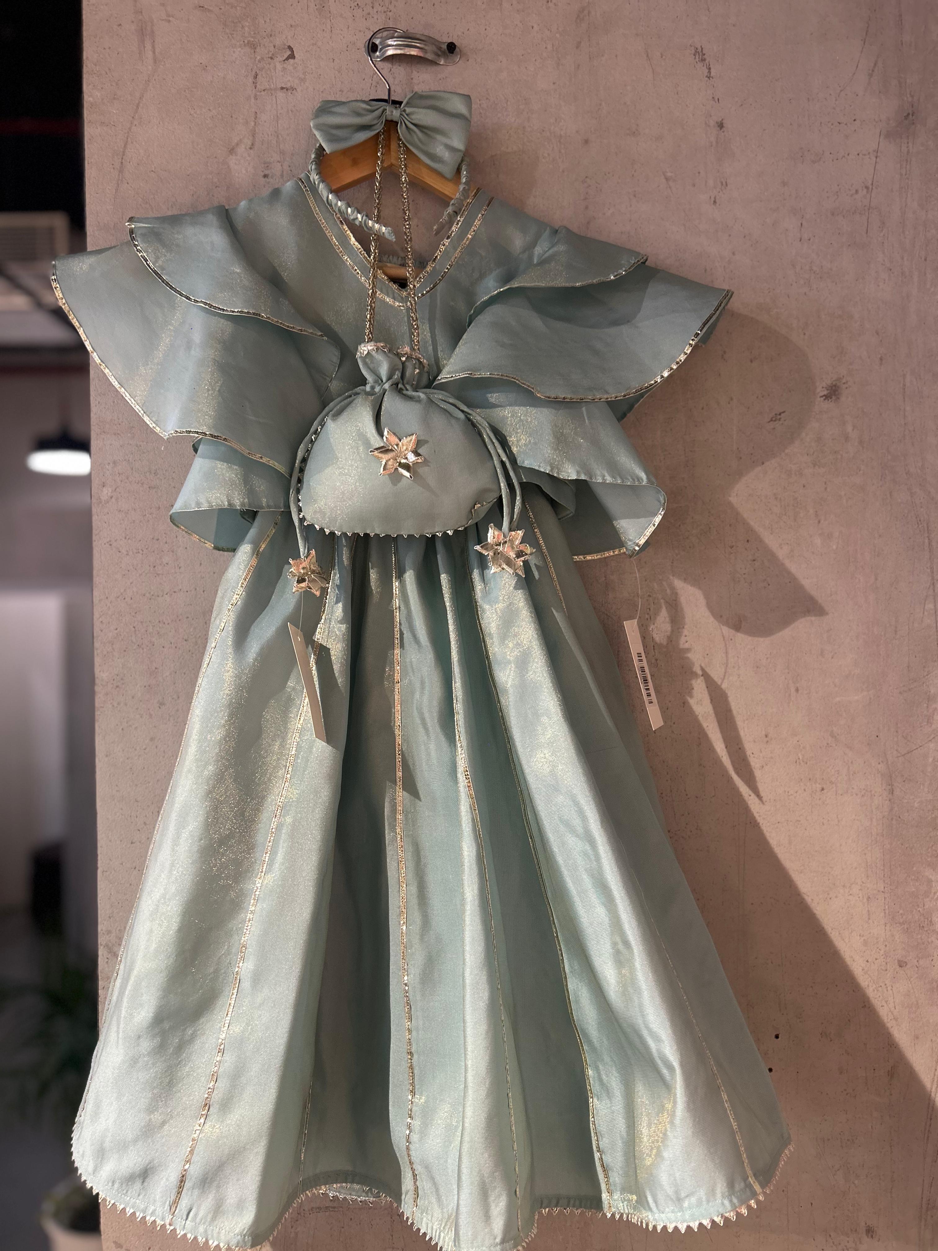 Mint Gota Detail lehnga with frill sleeves crop top