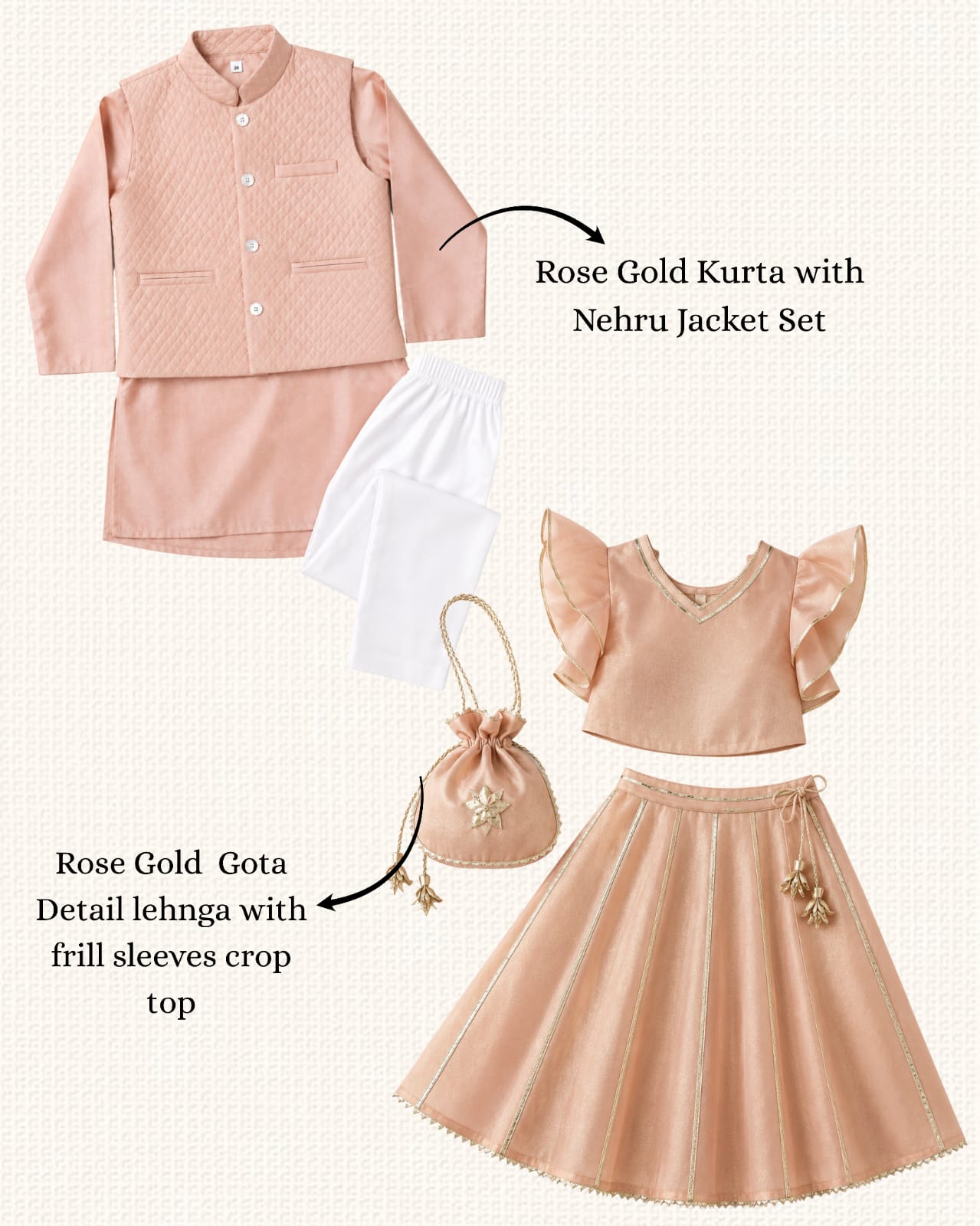 Peach Gota Detail lehnga with frill sleeves crop top (Sibling set)