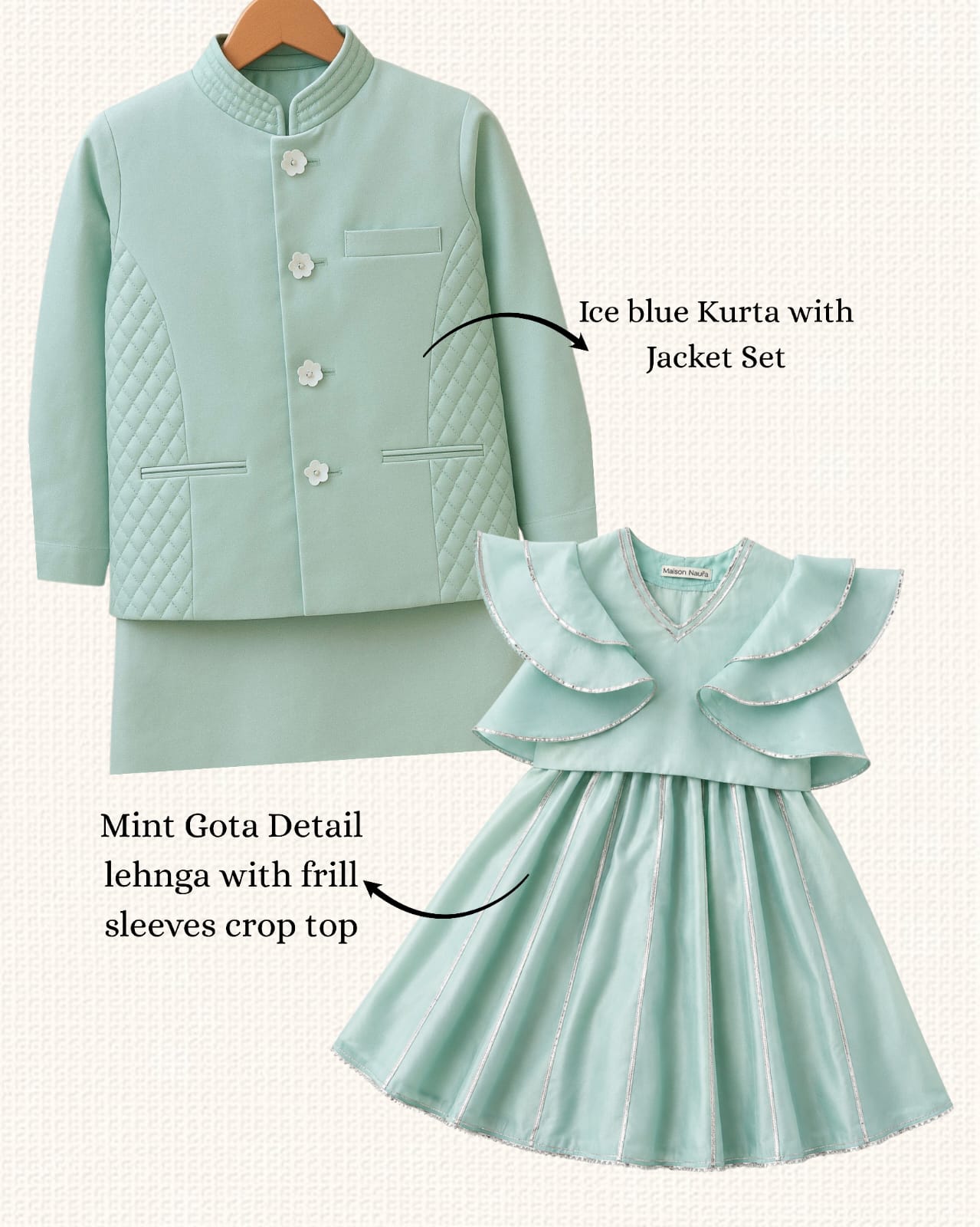 Mint Gota Detail lehnga with frill sleeves crop top (sibling set)
