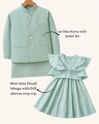 Mint Gota Detail lehnga with frill sleeves crop top (sibling set)