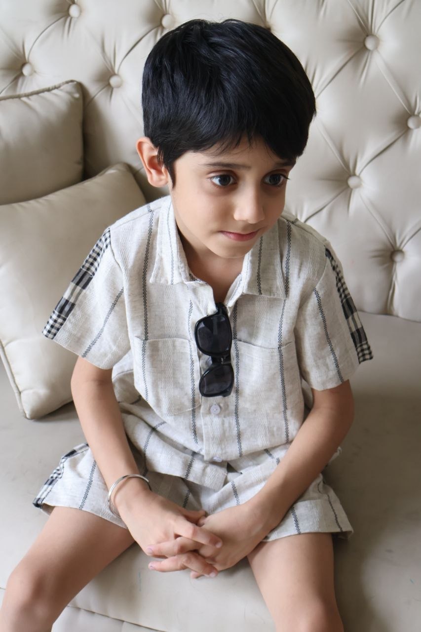 Beige Striped Boys Co-ord Set