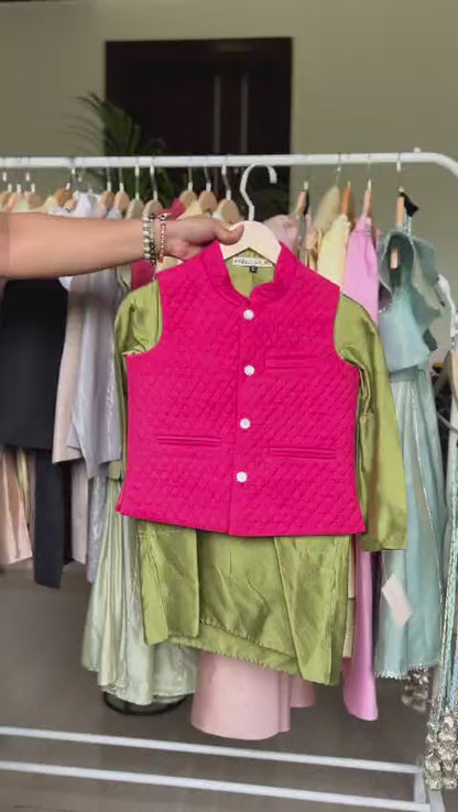 Green Kurta with Fuchsia Nehru Jacket Set
