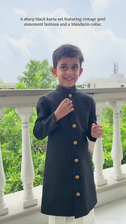Classic Black Gold vintage Button Achkan Set for Boys